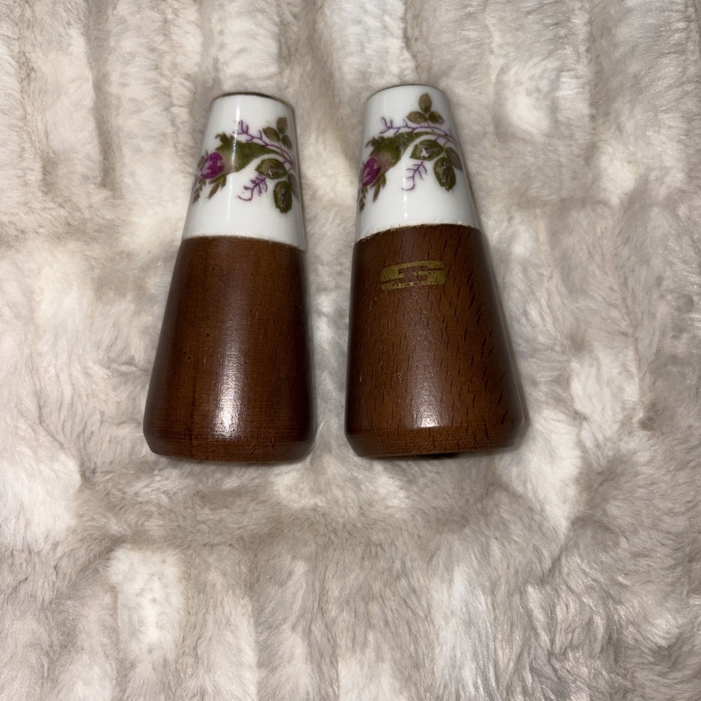 Vintage Mid Century Modern Wood Teak Porcelain Salt & Pepper Shakers Nevco Roses